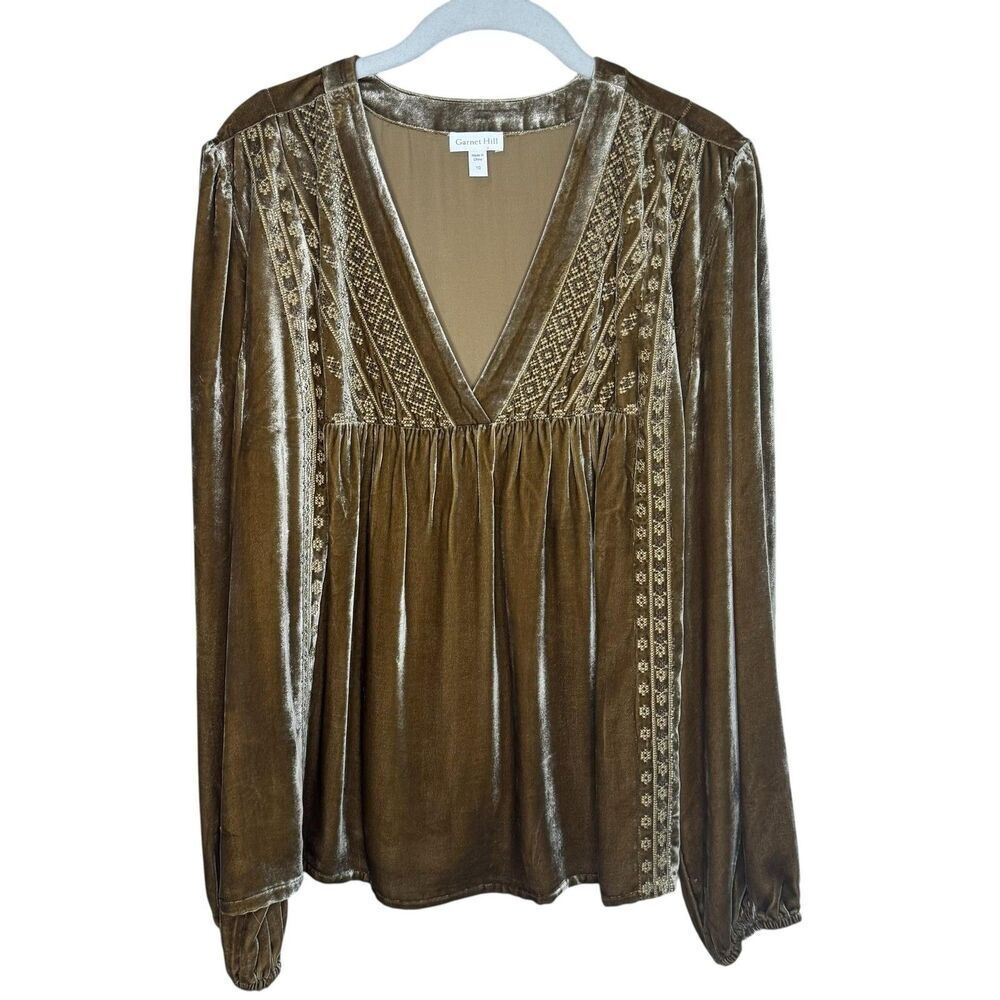 Garnet Hill Blouse Womens 10 Brown Velvet Embroidered Boho V Neck Long Sleeve